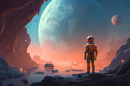 Astronaut in the cave. Fantasy landscape. 3d renderingの素材