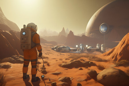 Astronaut on the planet Mars. 3D render illustration.の素材
