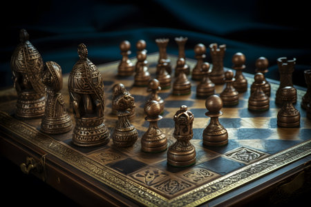 Wooden chess pieces on a chessboard. selective focus. Toned.の素材