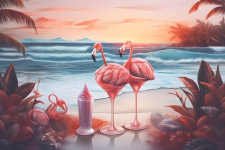 Flamingo on the beach at sunset. 3d illustration.の素材