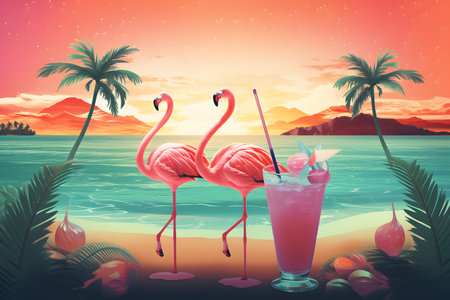 Flamingo Cocktail on the beach at sunset. Vector illustrationの素材