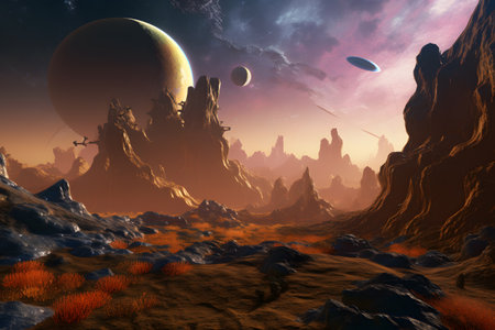 Fantasy alien planets. Mountain and moon. 3D illustration.の素材