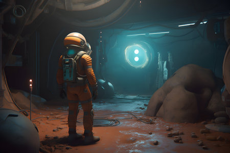 Astronaut in an abandoned space station. 3d rendering.の素材