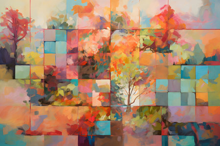Abstract watercolor background with trees and colorful squares. digital painting.の素材
