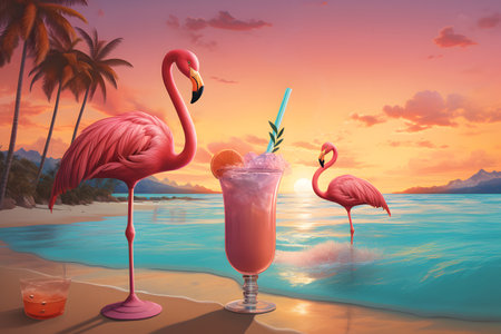 Flamingo cocktails on the beach at sunset. 3d renderingの素材