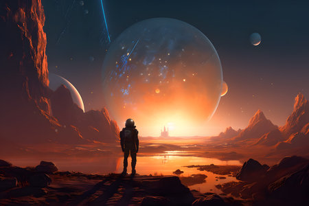 Astronaut in space. Fantasy landscape. 3D rendering.の素材