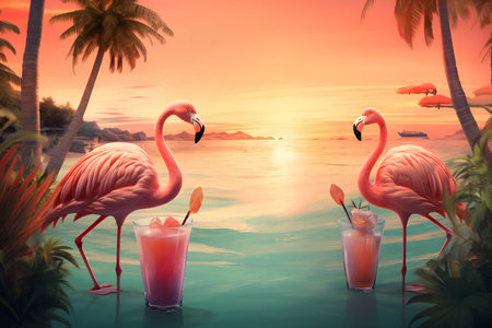flamingo drink on the beach at sunset. summer holidays conceptの素材