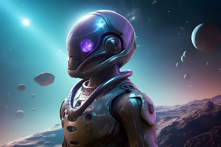 3D rendering of a female astronaut in space with planets and starsの素材