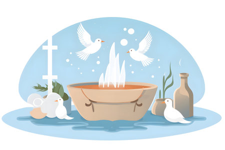 Easter illustration with a basket of water, dove and eggs.の素材