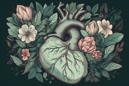 Human heart with flowers and leaves. Hand drawn vector illustration on chalkboard background.の素材