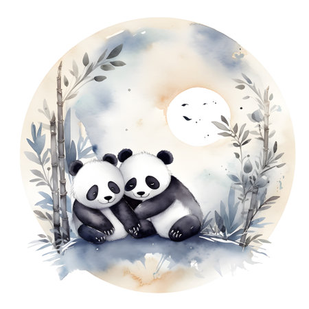 Watercolor illustration of a couple of panda in the bamboo forestの素材