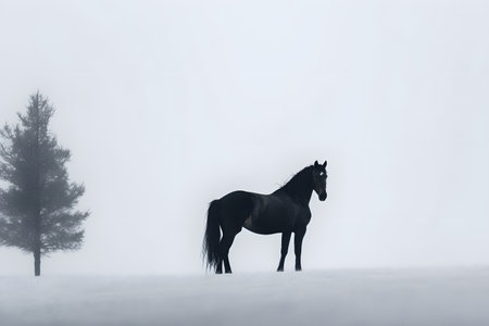 Horse in a foggy winter landscape with a silhouette of a horseの素材