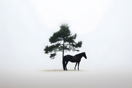 Horse silhouette in a foggy landscape with a pine tree.の素材