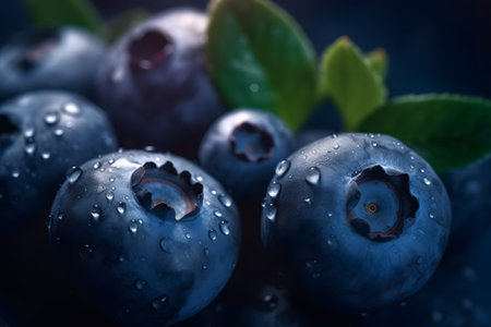 Fresh blueberries with water drops on dark blue background. Shallow dof.の素材