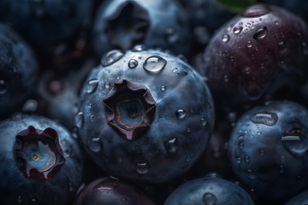 Blueberries with water drops close-up. Macro photography of fresh berries.の素材