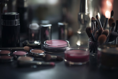 Makeup brushes and cosmetics on table in beauty salon, close upの素材
