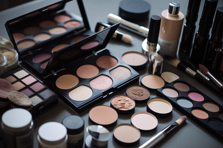Makeup cosmetics on a black background. eyeshadow palette.の素材