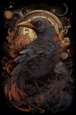 Vintage illustration with a raven and a clock on a black backgroundの素材