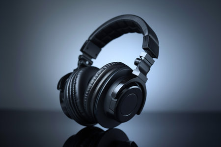 Black headphones on a dark background close-up. music concept.の素材