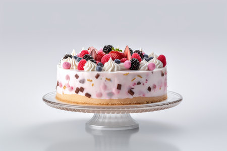 Piece of cake with berries on a glass stand on a white backgroundの素材