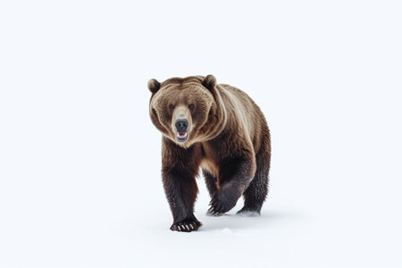 Brown bear walking on snow in winter forest. Dangerous animal in natural habitatの素材