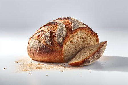 Loaf of bread and wheat flour on a white background, close-upの素材
