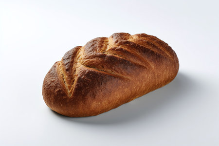 Fresh loaf of bread on white background, top view. Bakery productsの素材