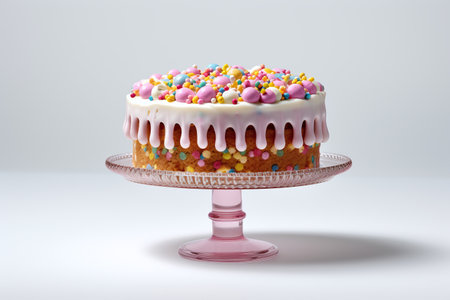 Cake with colorful sprinkles on a pink stand on a white backgroundの素材