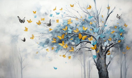 Abstract tree with butterflies in a foggy forest. digital painting.の素材