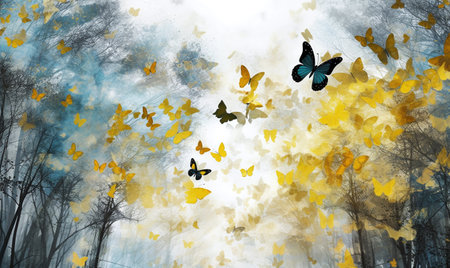 Beautiful butterflies flying in the foggy forest. 3D renderingの素材