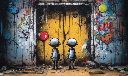 Children in front of graffiti on a wall. Concept of bullying and bullying.の素材