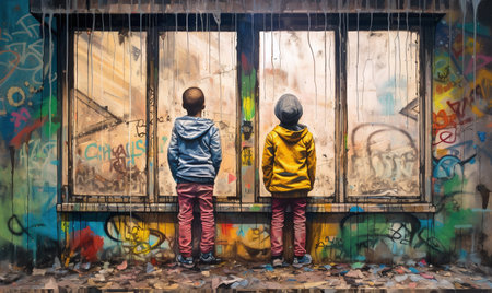 Two little boys standing in front of a window covered with graffiti.の素材