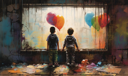 Two little boys are standing in front of the wall with colorful balloonsの素材