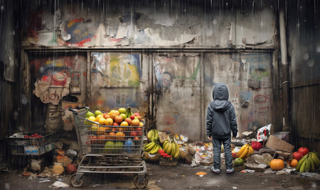 Little boy with a cart full of fruit in front of an abandoned buildingの素材