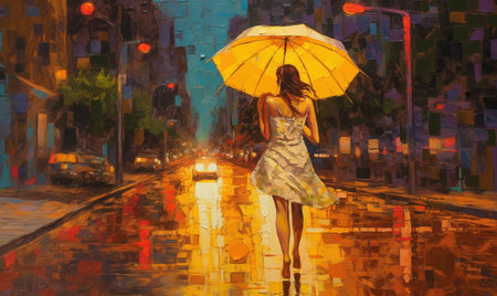 Young woman with umbrella in the city at night. oil painting.の素材