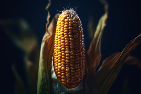 Close up of corn cobs in the field on a dark backgroundの素材
