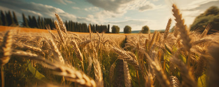wheat field. Ears of golden wheat close-up. Beautiful Nature Sunset Landscape.の素材