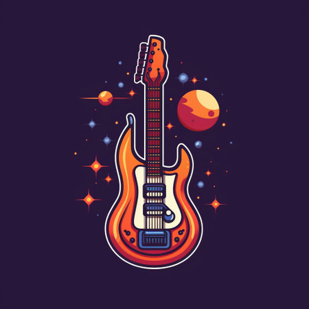 Electric guitar with planets and stars. Vector illustration in flat style.の素材