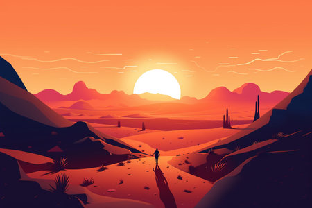 Landscape of the desert at sunset. Vector illustration in a flat styleの素材