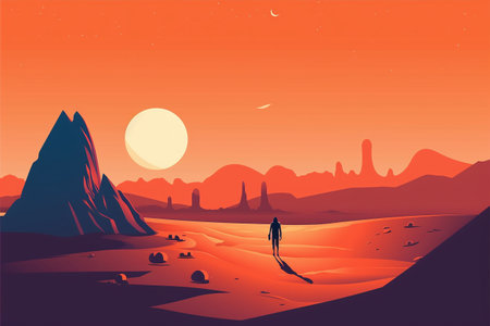 Illustration of a man walking in the desert at sunset, illustrationの素材