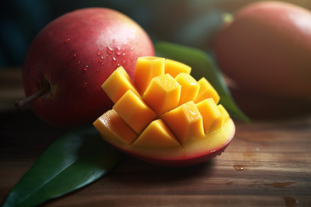 Mango fruit on wooden table, closeup. Tropical fruit conceptの素材