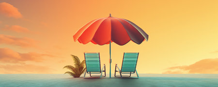 Beach chair and umbrella on the beach at sunset. 3d renderの素材