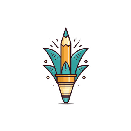 Pencil with leaves line icon. Vector illustration, flat design.の素材