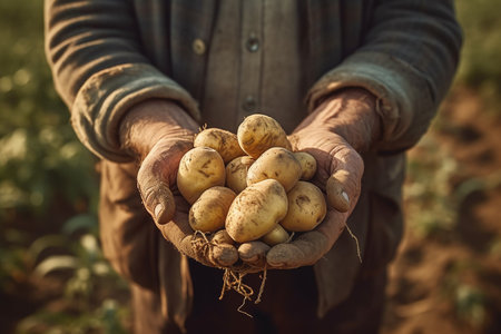 Farmer holding freshly harvested potatoes in his hands. selective focus.の素材