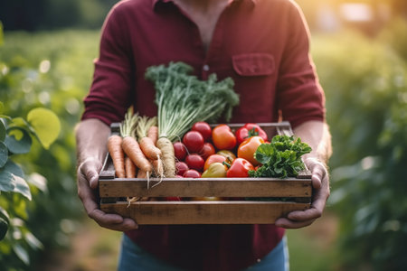 Farmer holding wooden box with fresh organic vegetables on the field.の素材