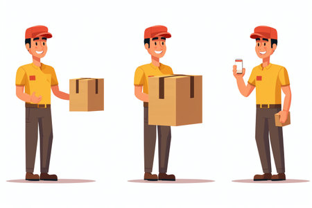 Delivery man character in different poses and gestures. Vector illustration in cartoon styleの素材