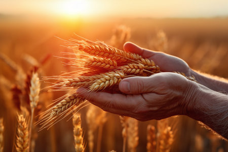 Ears of wheat in the hands of a man at sunset.の素材