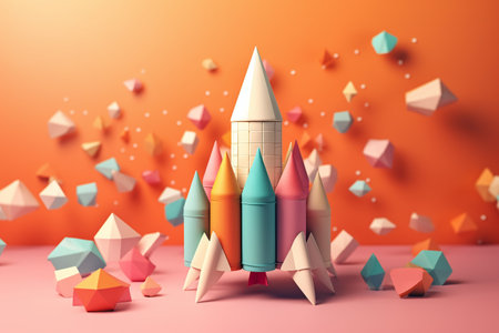 3d rendering of rocket with colorful paper geometric shapes on orange backgroundの素材