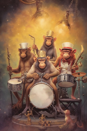 Monkey sitting on drum set with musical instruments. music background.の素材