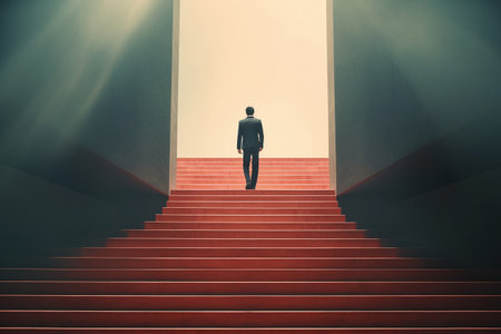Businessman standing on red stairs in a dark room with rays of lightの素材